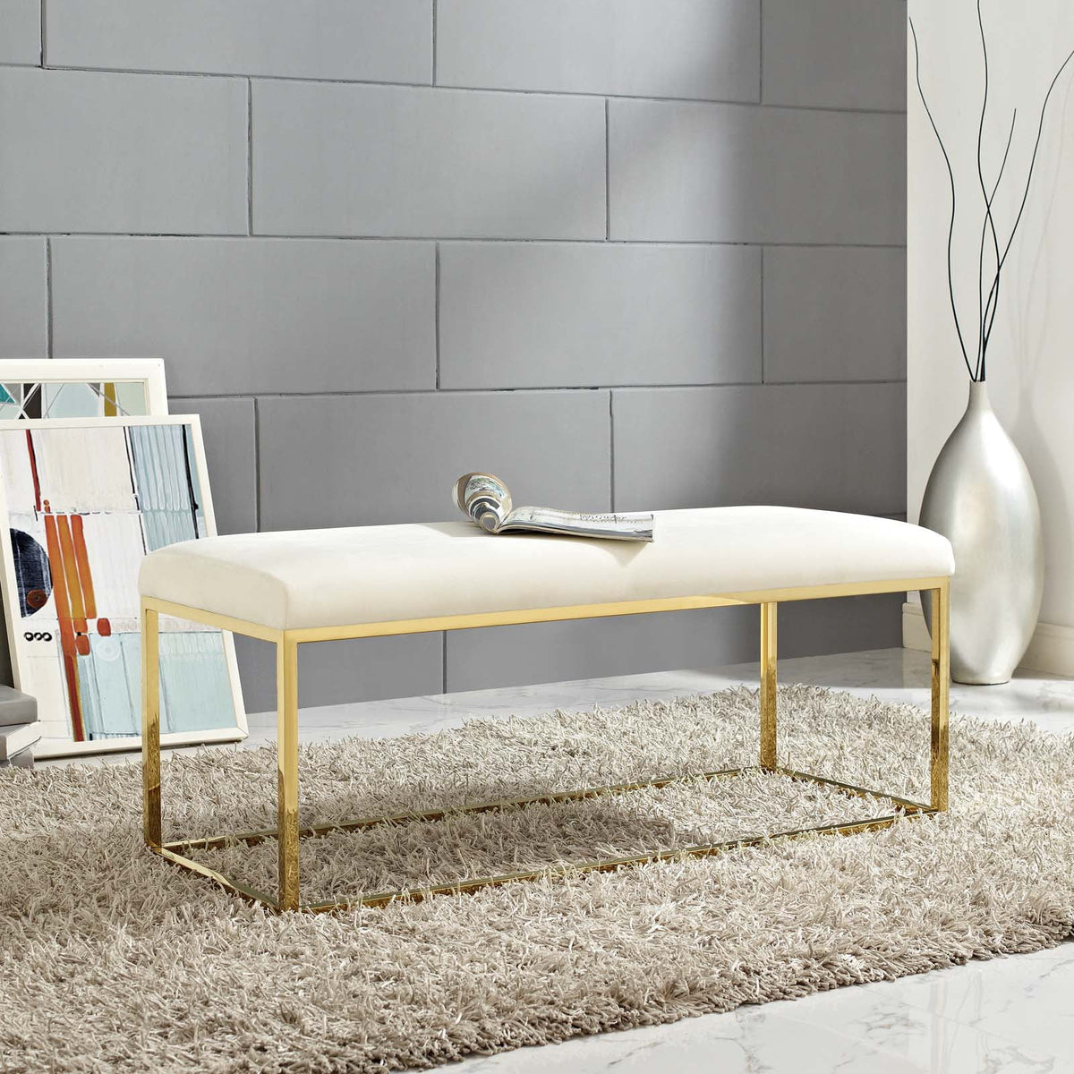 Gold Ivory Velvet Accent Chair Bench S270545