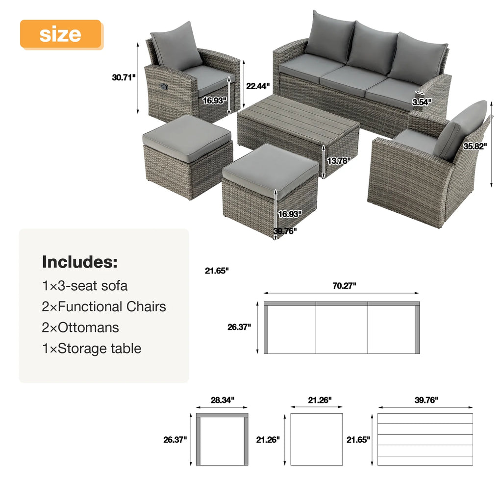 6 Pieces Wicker Rattan Sofa and Table K59179