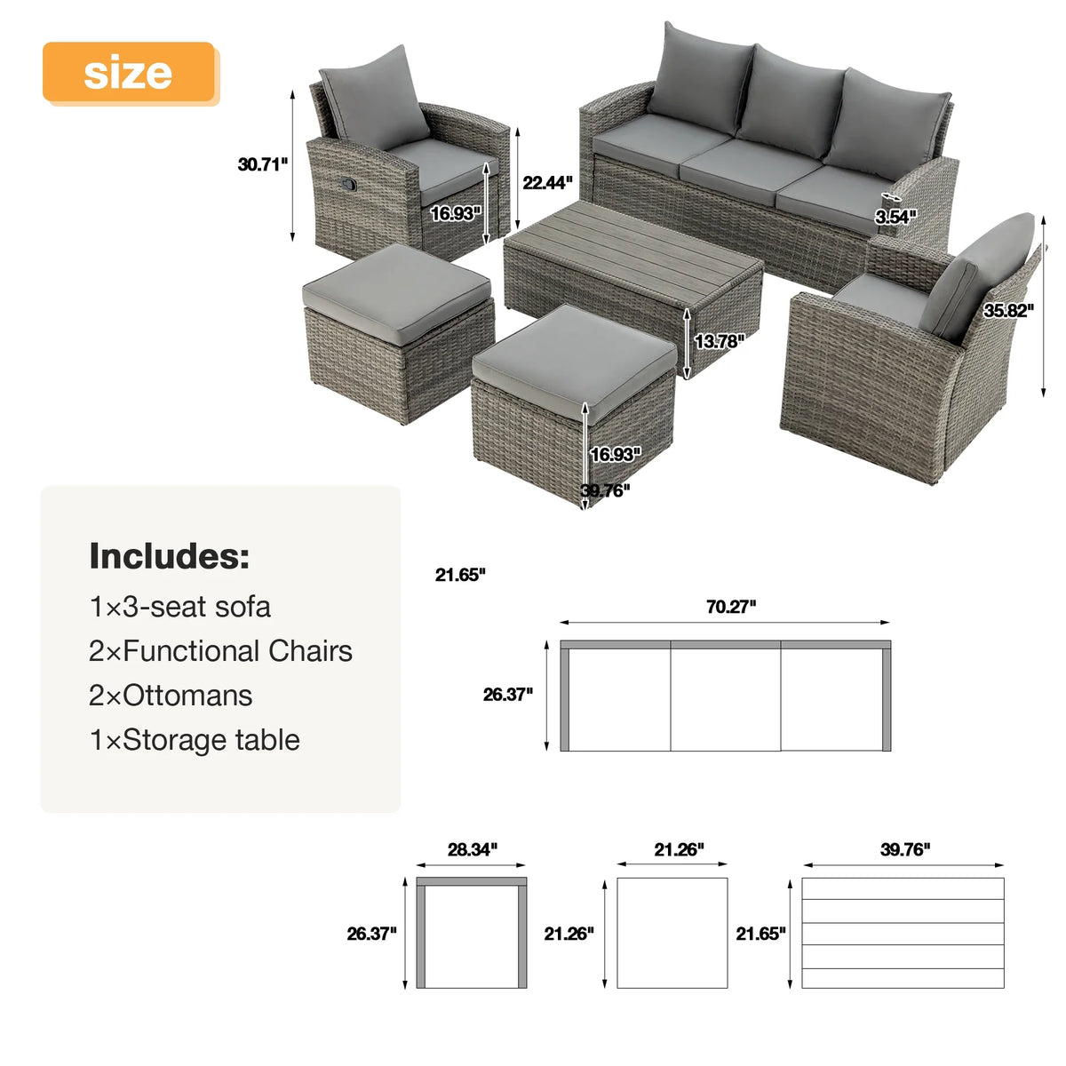 6 Pieces Wicker Rattan Sofa and Table K59179