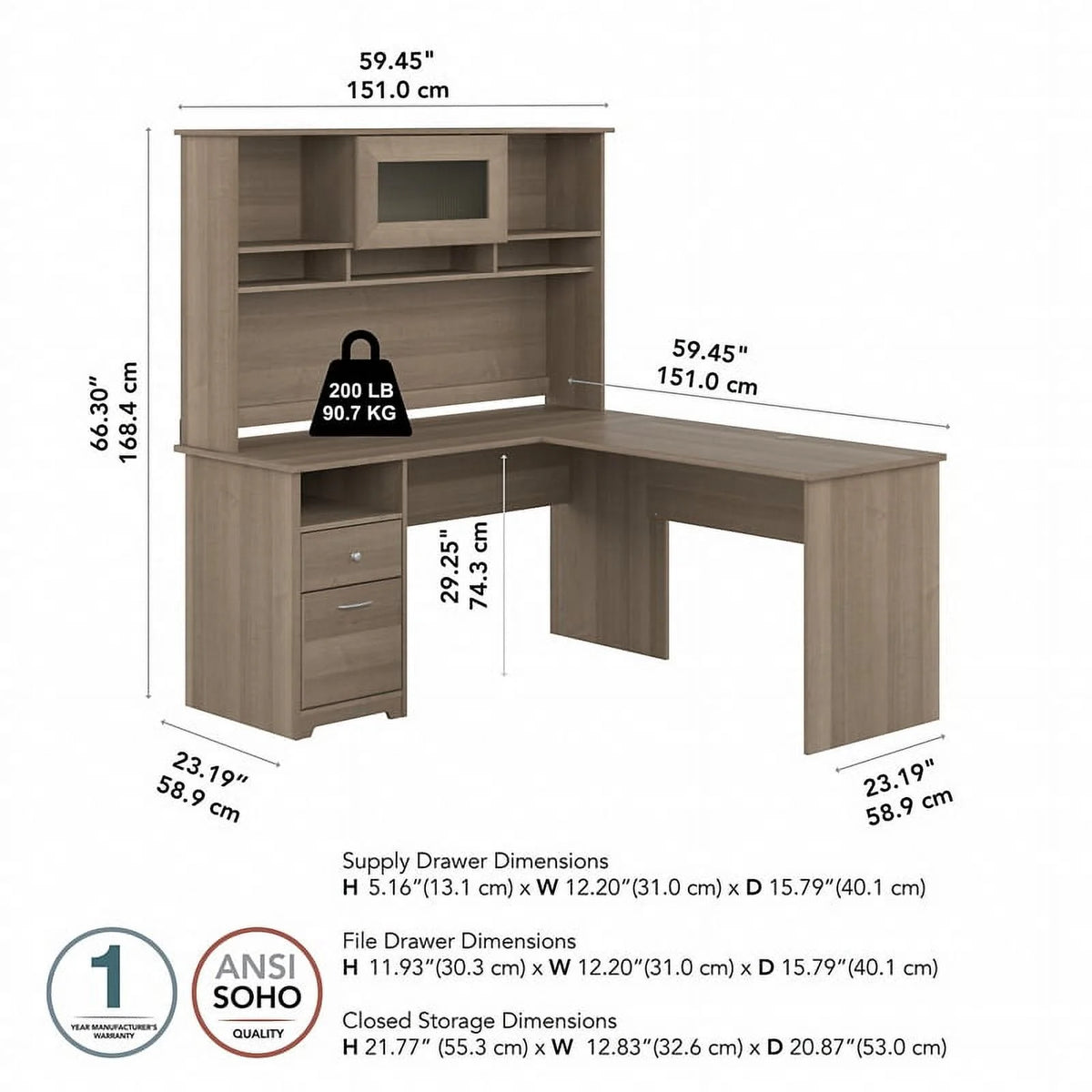 60W L Shaped Computer Desk with Hutch R356