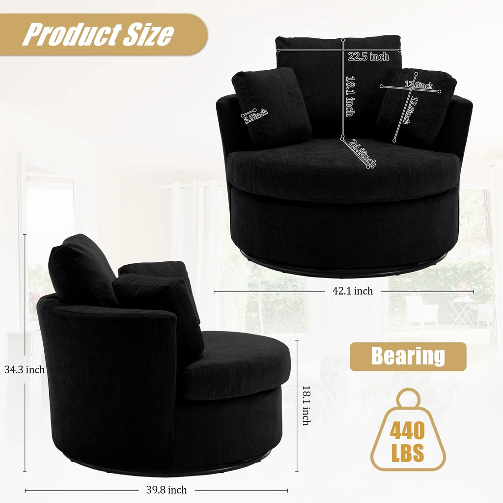 Black Chenille Swivel Barrel Chair with Pillows N2531