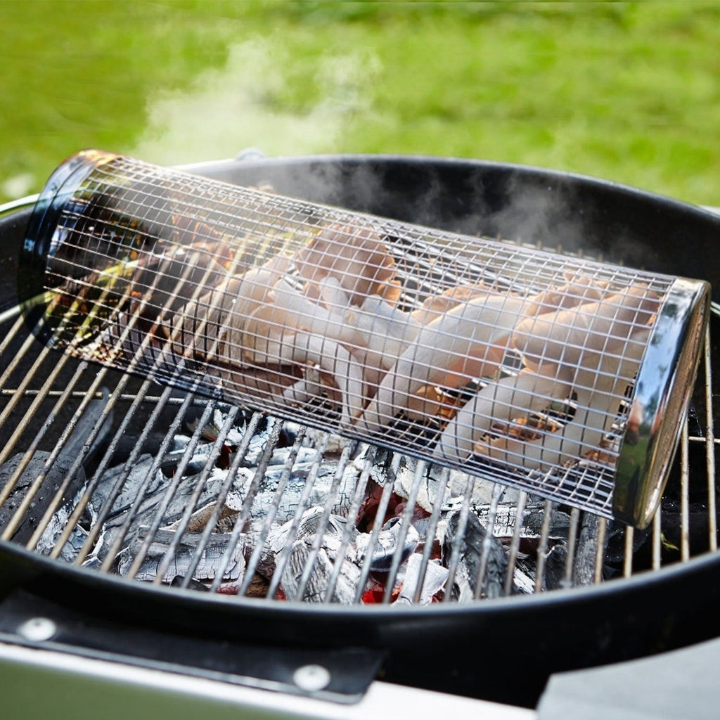 2Pcs Portable BBQ Rolling Basket Round Stainless Steel Grill Mesh with Removable Cover H451