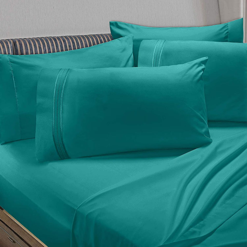 6 Piece California King Teal Microfiber Bed Sheet Set C7559