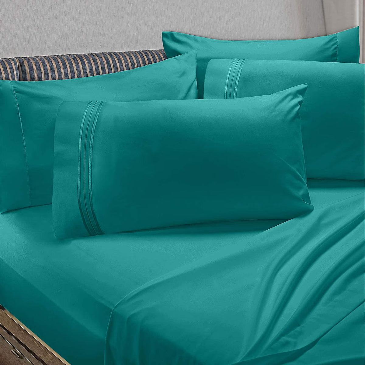6 Piece California King Teal Microfiber Bed Sheet Set C7559