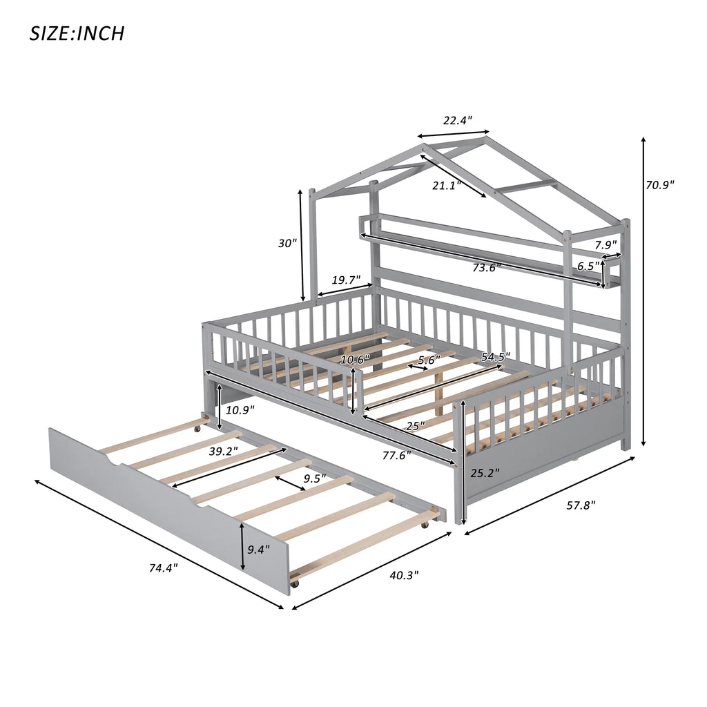 Gray Wood Twin House Bed with Trundle X808