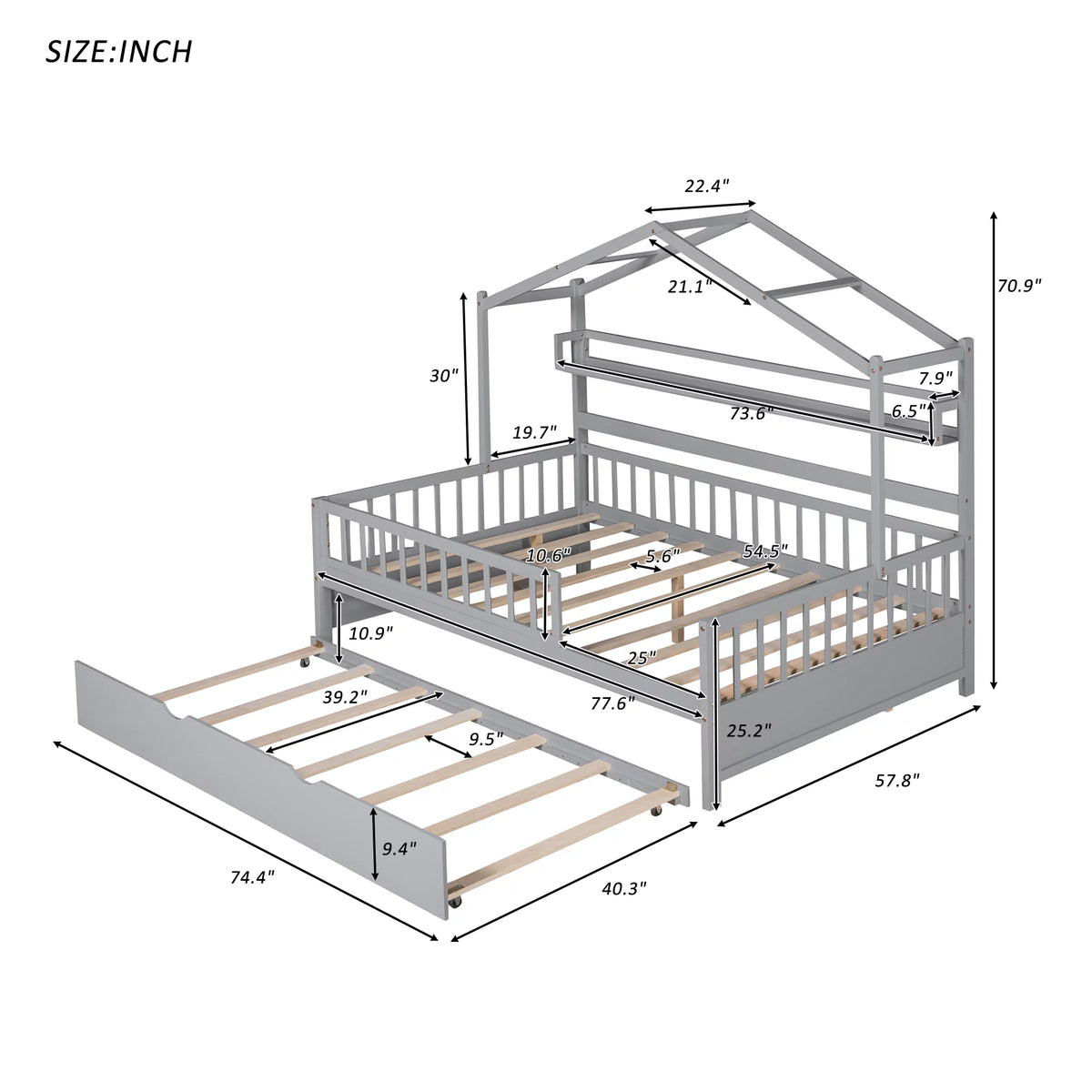 Gray Wood Twin House Bed with Trundle X808