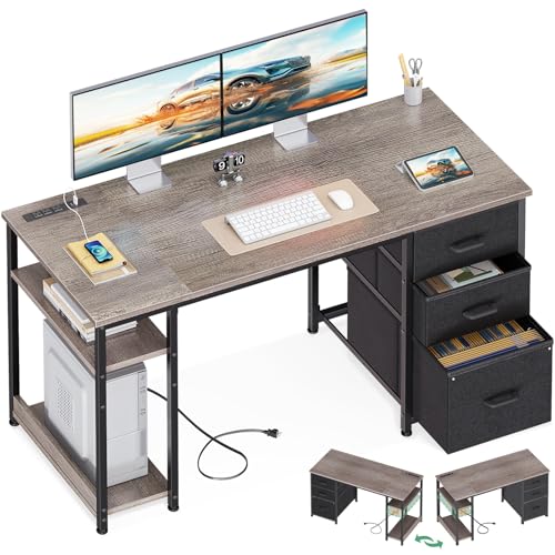 51 Inch Computer Desk with Fabric Drawers & USB Power Outlets S9574