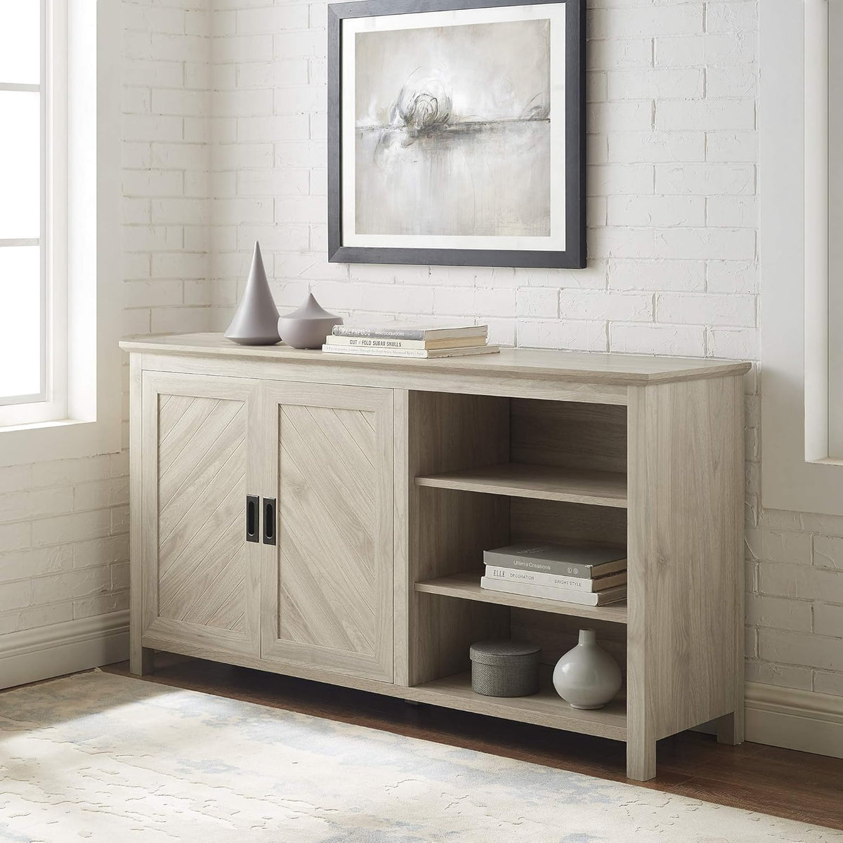 Modern Wood Grooved Buffet Sideboard with Storage Cabinet Doors, 58 Inch, Birch S5600