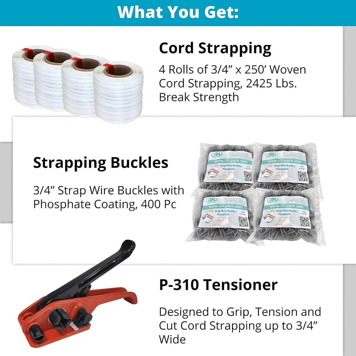 3/4" x 1000' Woven Cord Strapping Kit with Polyester Cord Strapping Tensioner, Strapping Buckles and Woven Cord Strapping Roll N698178