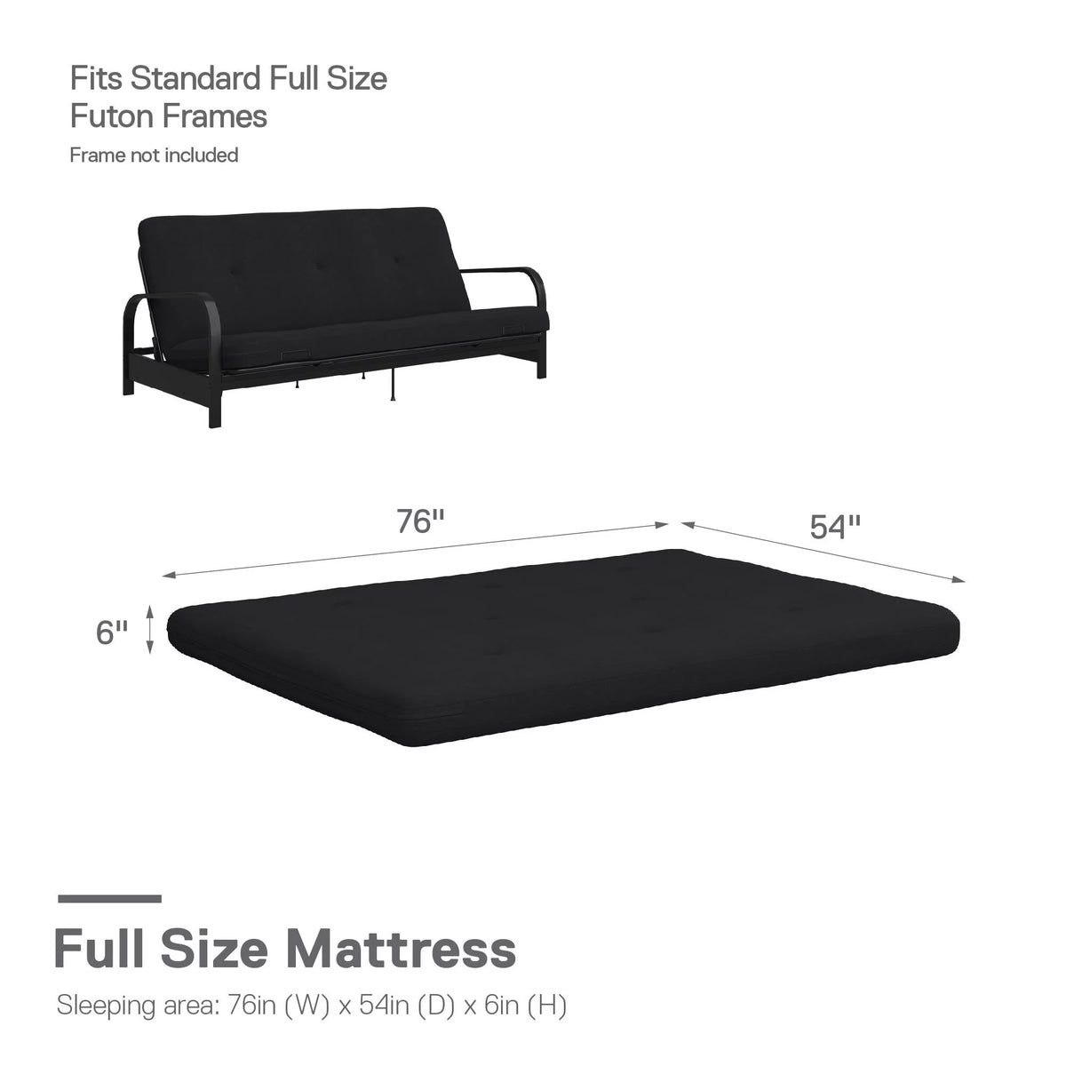 6-Inch Futon Mattress with Tufted Cover, Full, Black Linen V144123