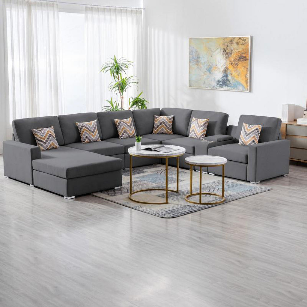 Gray Fabric Reversible Sectional with Charging Ports and Storage Console F34520