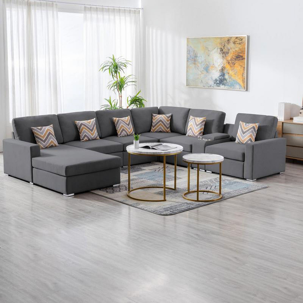 Gray Fabric Reversible Sectional with Charging Ports and Storage Console F34520