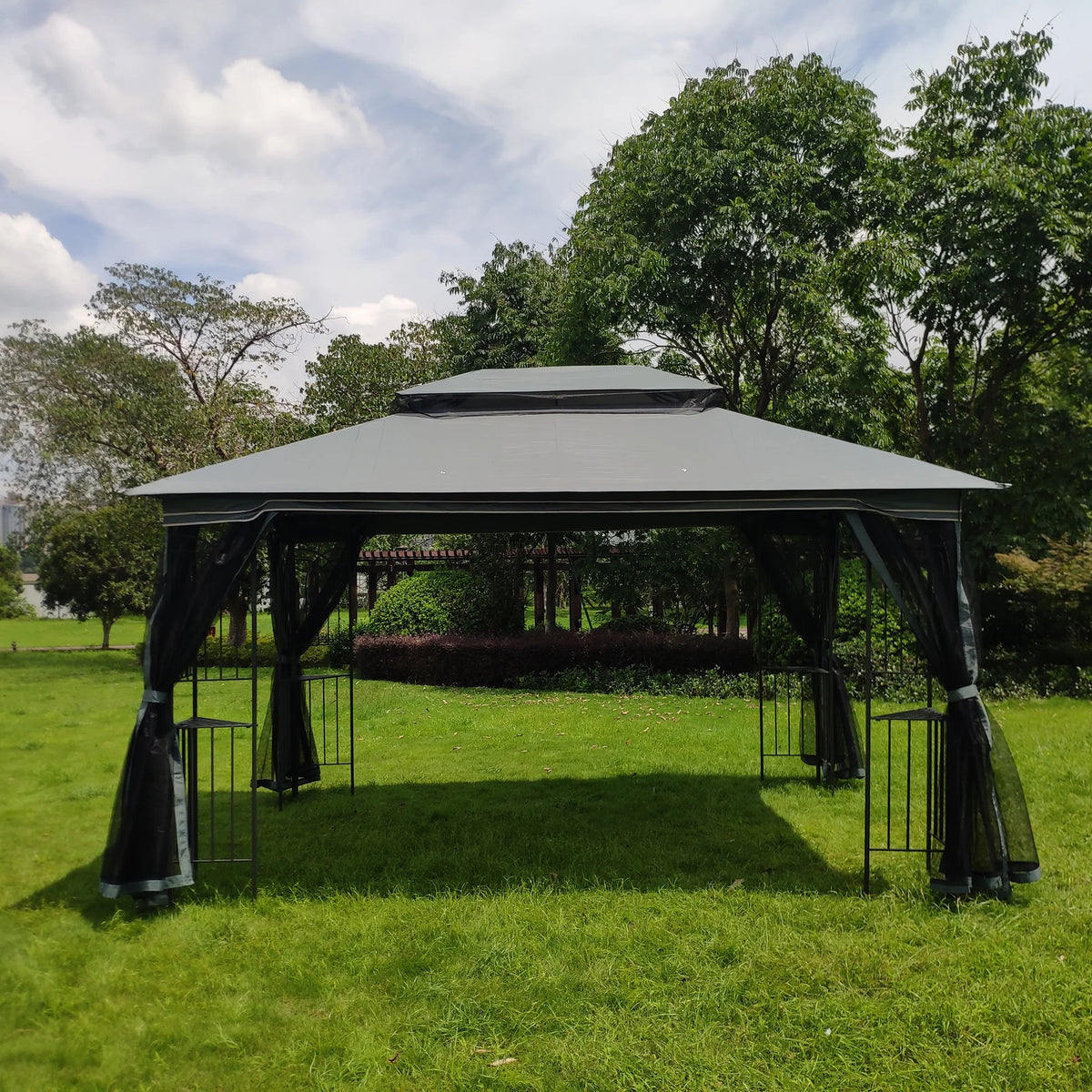 Gray Outdoor Patio Gazebo Canopy Tent with Ventilated Double Roof and Mosquito Net S39220