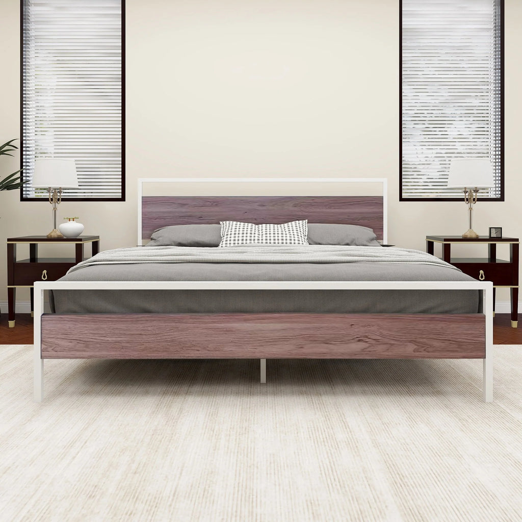King Metal Platform Bed Frame with Wood Headboard and Footboard White D5562