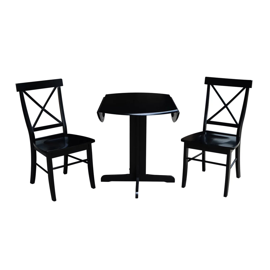 36 inch Dual Drop Leaf Dining Table with Two X-back Chairs in Black Z3579