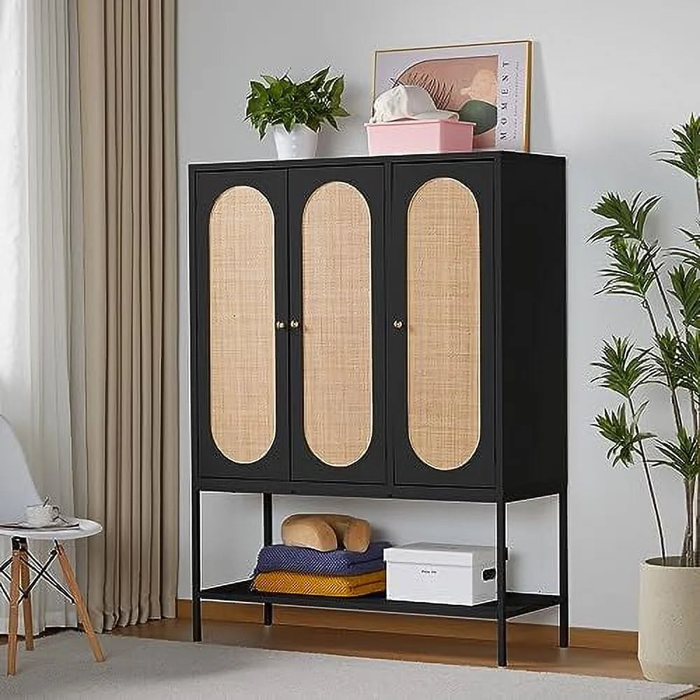 Large 3 Door Rattan Wardrobe Closet with Shelves and Hanging Rail B56057
