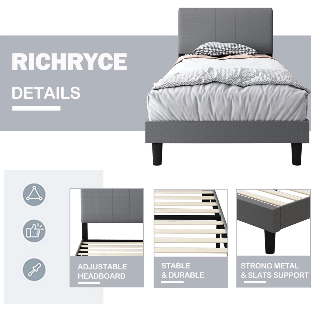 Gray Upholstered Twin Platform Bed with Headboard P31938