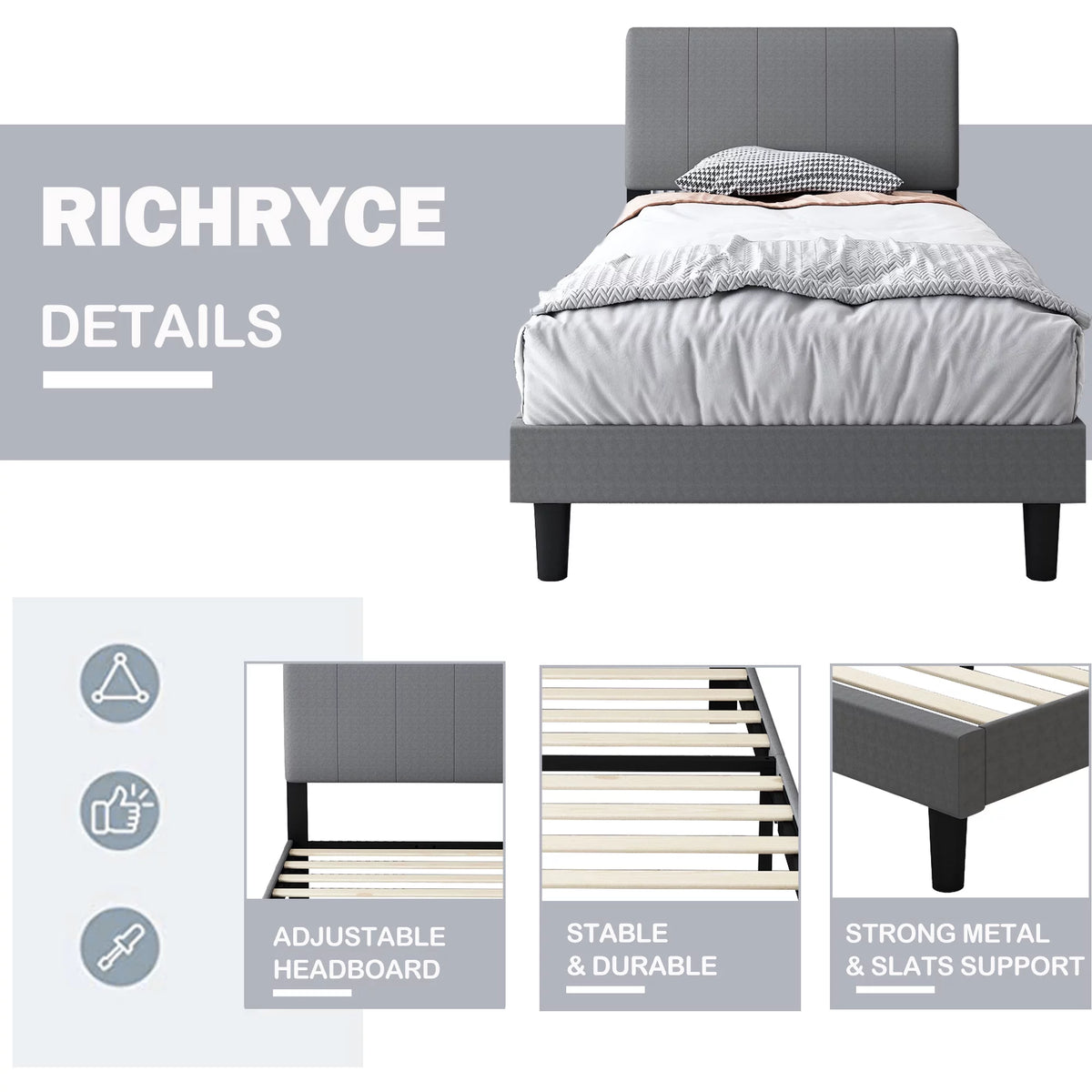 Gray Upholstered Twin Platform Bed with Headboard P31938