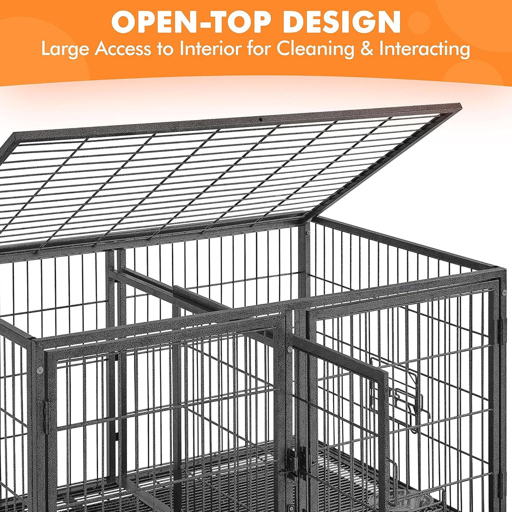 Stackable Dog Crate with Divider 43'' Rolling Heavy Duty Dog Cage with Open Top 2 Removable Trays H881513