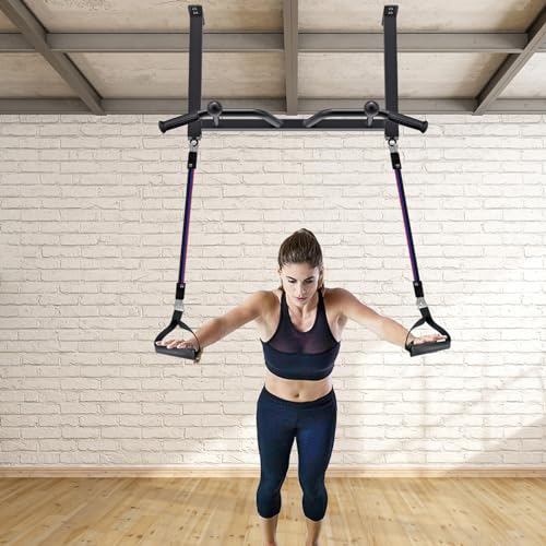 32" Ceiling Mounted Heavy Duty Pull Up Bar with Punching Bag Hanger and Resistance Bands W5163