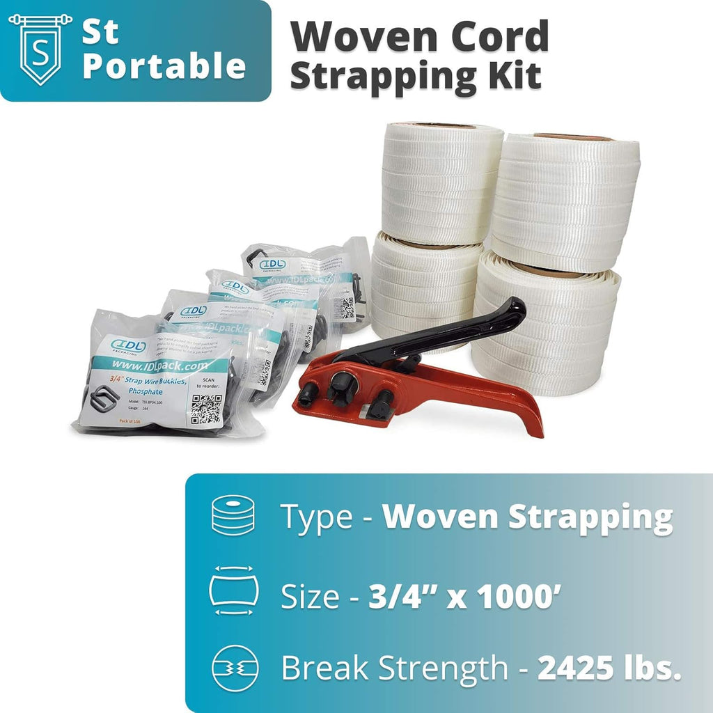3/4" x 1000' Woven Cord Strapping Kit with Polyester Cord Strapping Tensioner, Strapping Buckles and Woven Cord Strapping Roll N698178