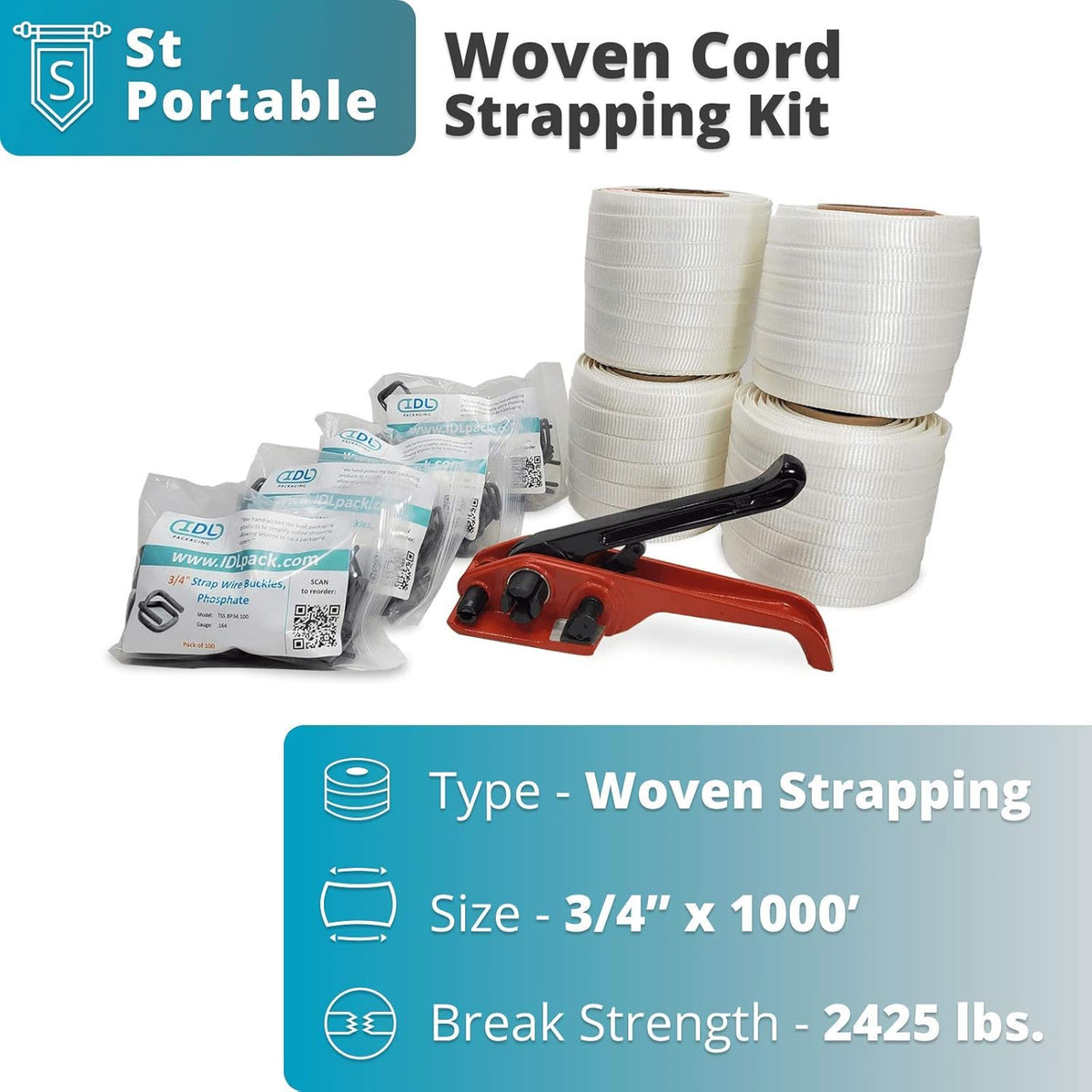 3/4" x 1000' Woven Cord Strapping Kit with Polyester Cord Strapping Tensioner, Strapping Buckles and Woven Cord Strapping Roll N698178
