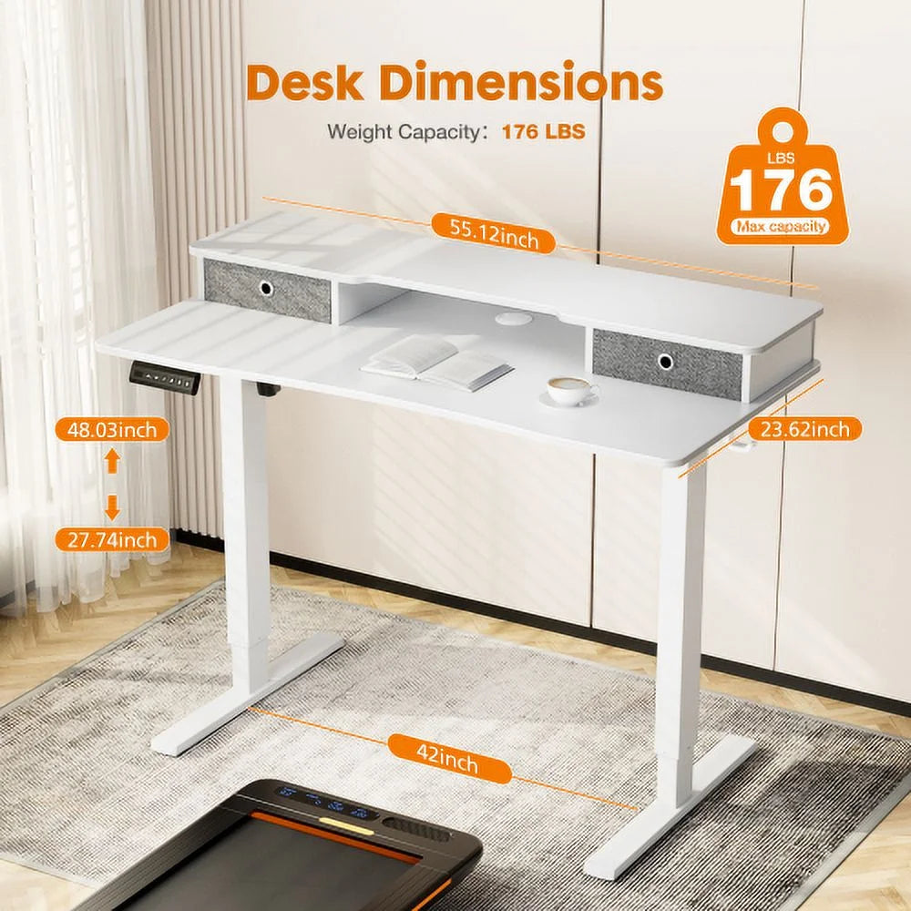 Height Adjustable Electric Standing Desk with Storage Shelf Double Drawer White J915040