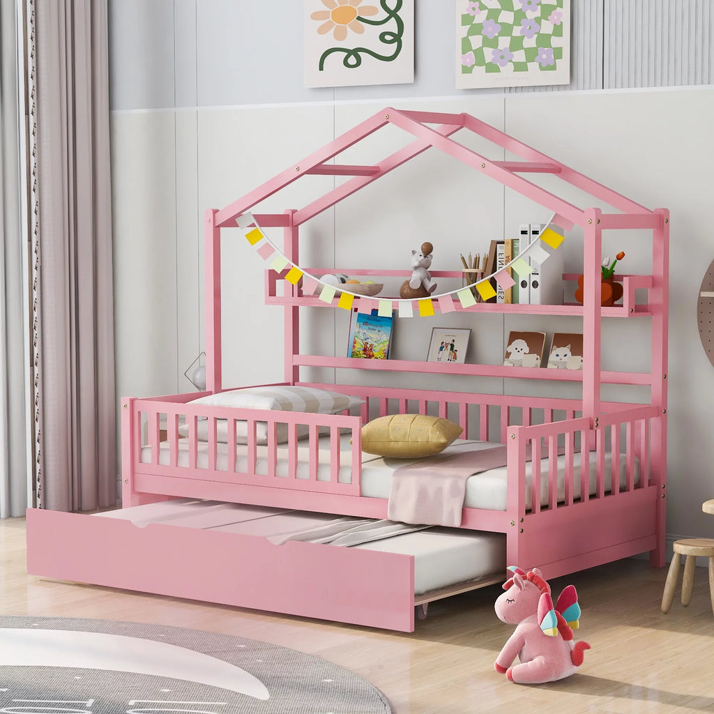Gray Wood Twin House Bed with Trundle X808
