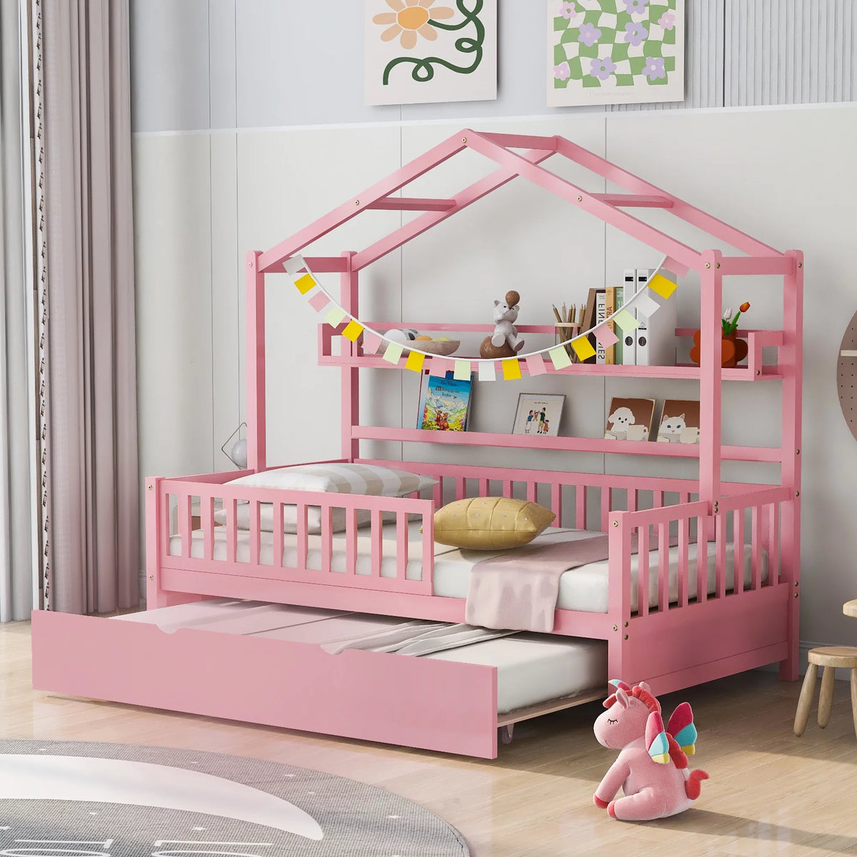 Gray Wood Twin House Bed with Trundle X808