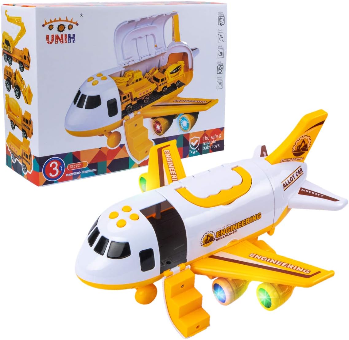 Toddler Airplane Toys with Lights and Sounds, Transport Cargo Airplane with 4 Construction Cars S318