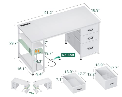 51 Inch Computer Desk with Fabric Drawers & USB Power Outlets S9574