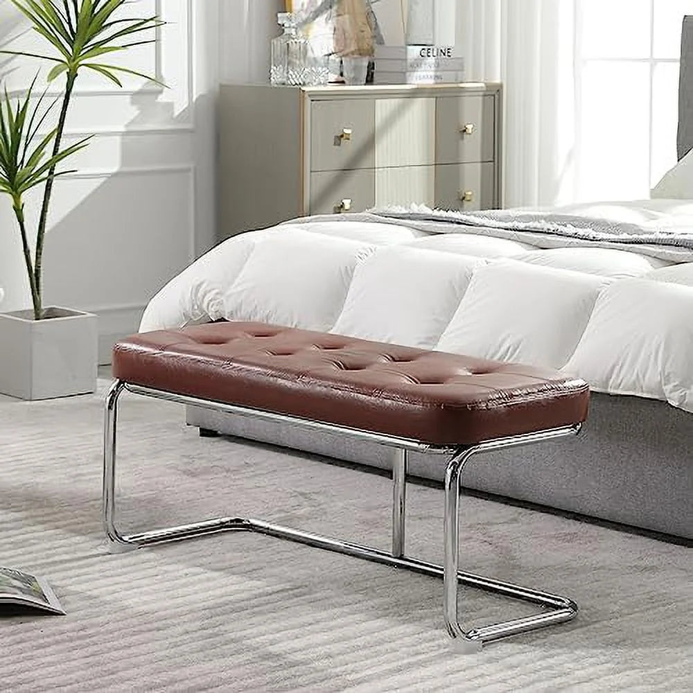 39 Inch Upholstered Leather Dining Bench with Metal Legs I77870