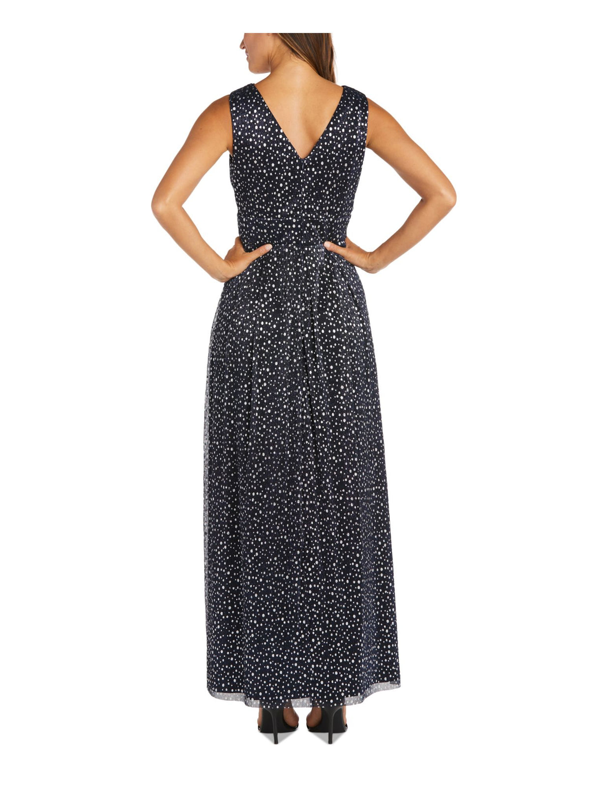 Navy Embellished Sheer Pleated Polka Dot Sleeveless V Neck Full-Length Evening Gown Dress Plus 18W I577