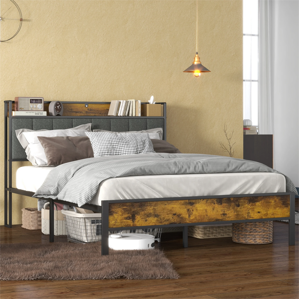 Log Brown Full Size Metal Bedframe with Headboard R5228