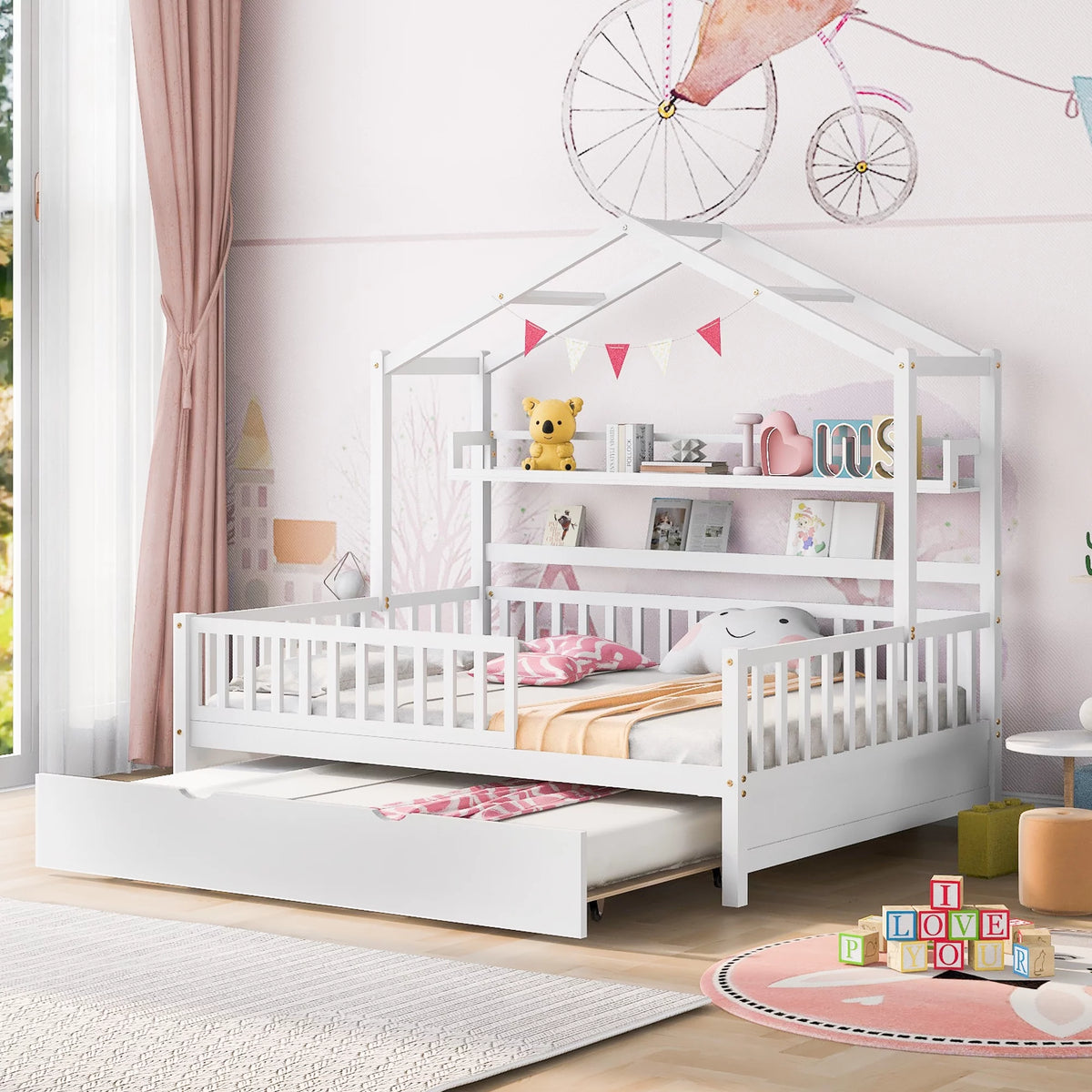 Gray Wood Twin House Bed with Trundle X808