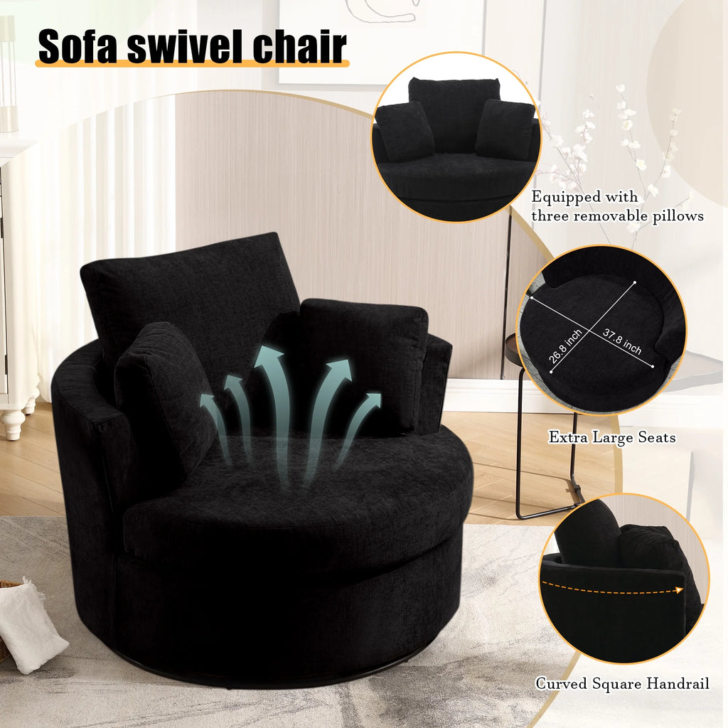 Black Chenille Swivel Barrel Chair with Pillows N2531