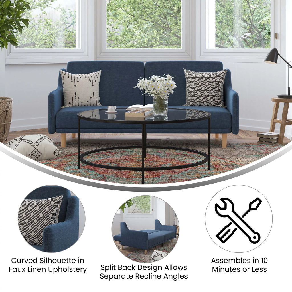 Navy Faux Linen Upholstered Split Back Sofa Futon U75098