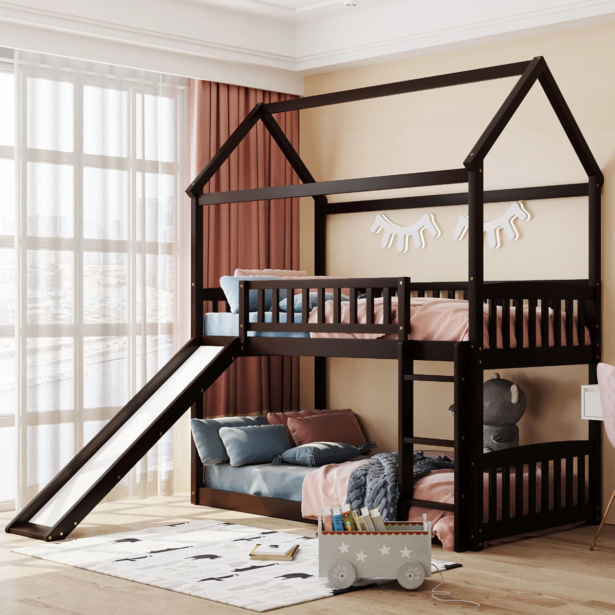 Wood Twin Over Twin Bunk Bed with Slide and Roof C25112