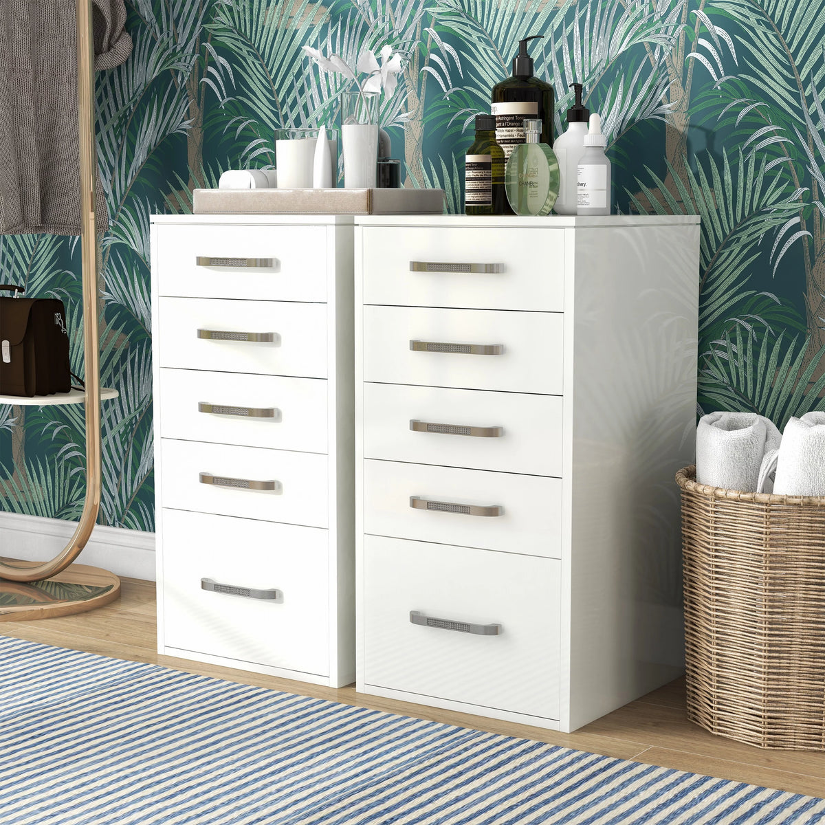 White 5-Drawer Wood Vanity Dresser Set of 2 O82480