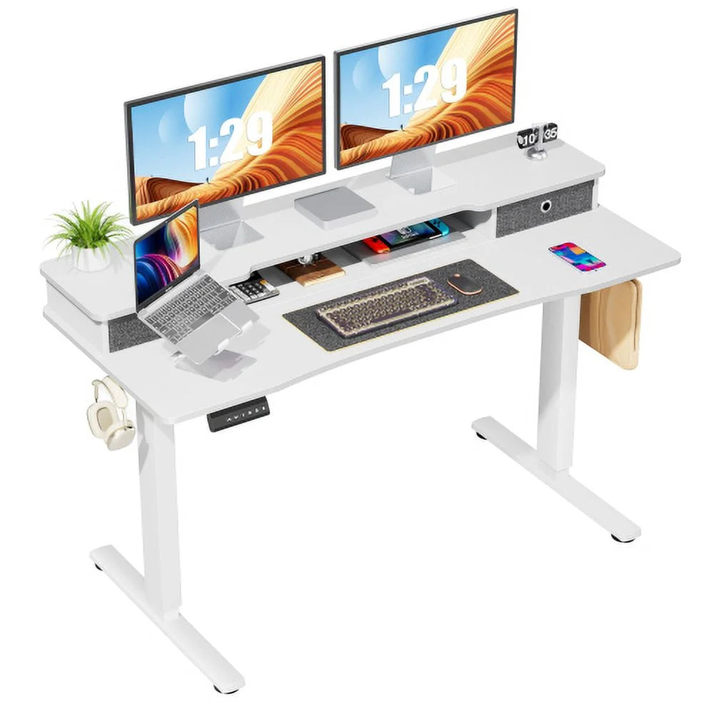 Height Adjustable Electric Standing Desk with Storage Shelf Double Drawer White J915040