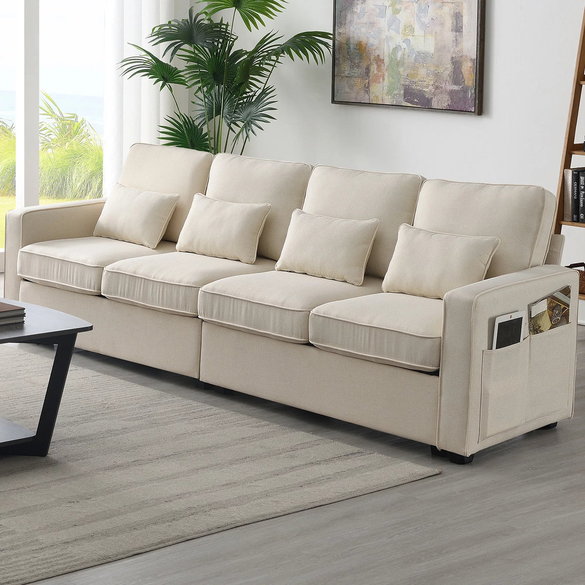 104" Beige 4-Seater Sofa with Armrest Pockets and Pillows U79913