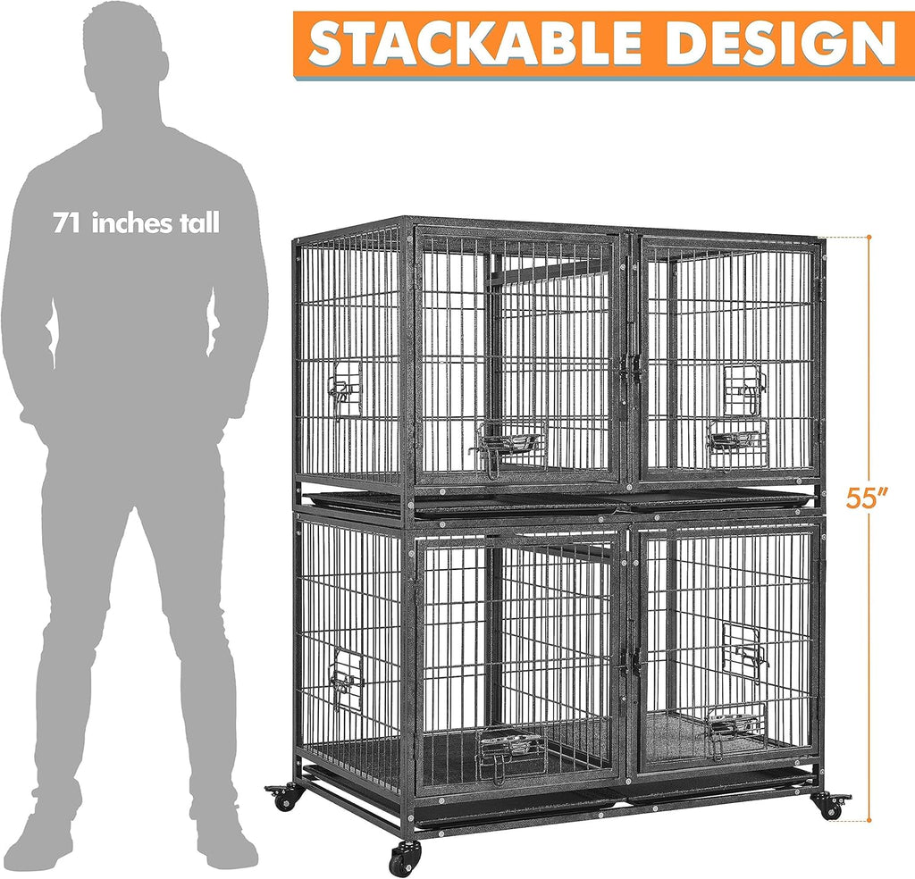 Stackable Dog Crate with Divider 43'' Rolling Heavy Duty Dog Cage with Open Top 2 Removable Trays H881513