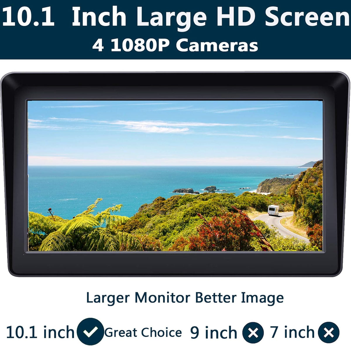 10.1 Monitor Backup Camera Wired System 1080P HD 4 Split Screen IP69 Waterproof X468859