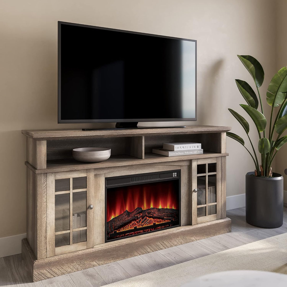 Gray Wash Electric Fireplace TV Stand with Open Storage Shelves and Cabinets S123626
