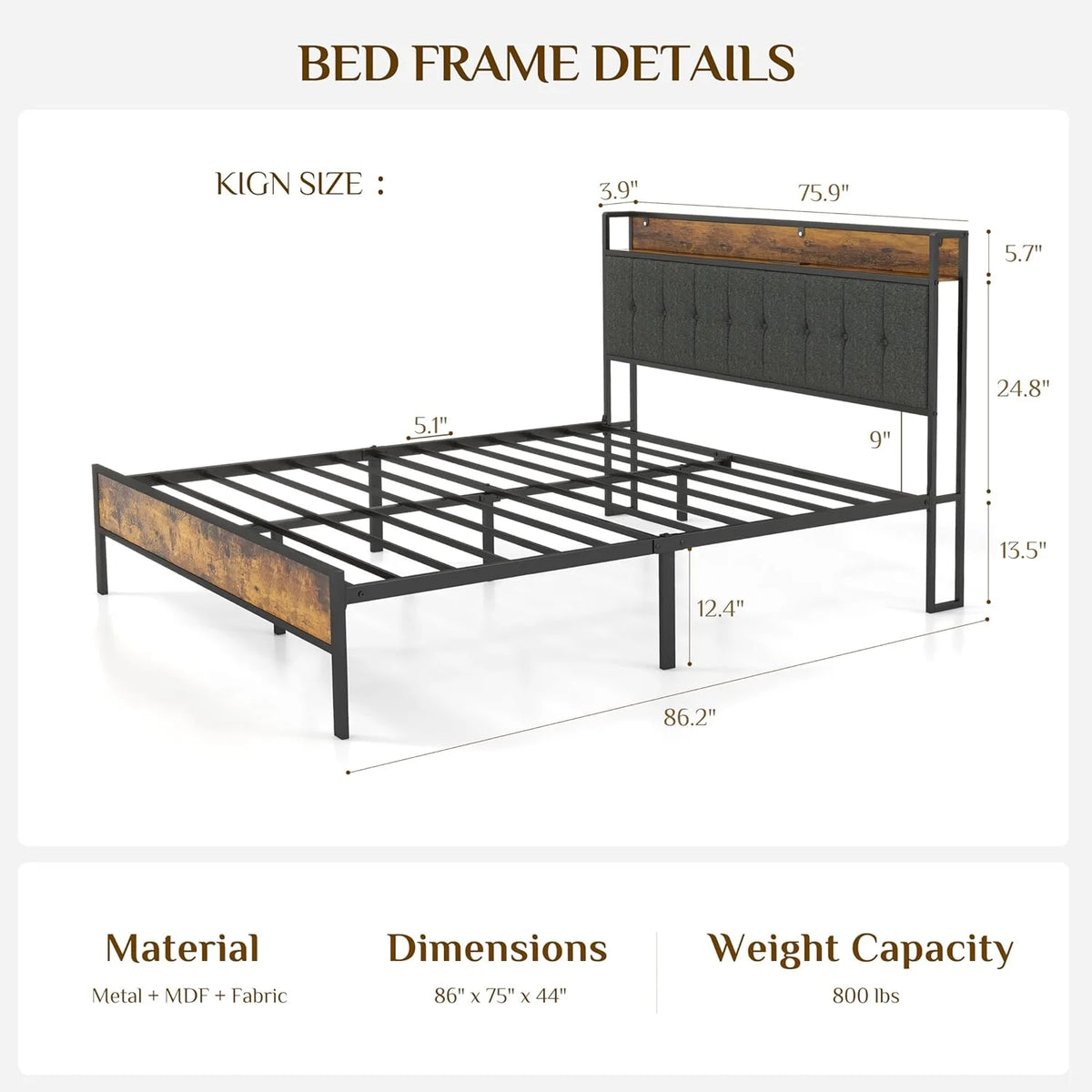 Log Brown Full Size Metal Bedframe with Headboard R5228