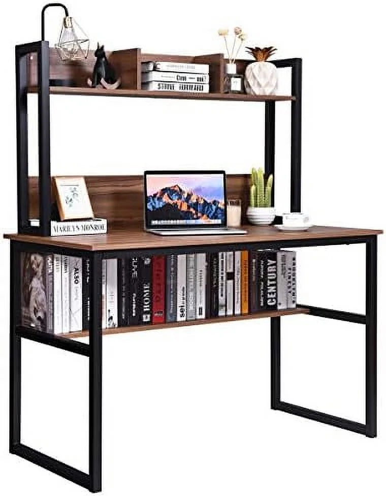 Light Walnut Computer Desk with Hutch and Bookshelves S7704