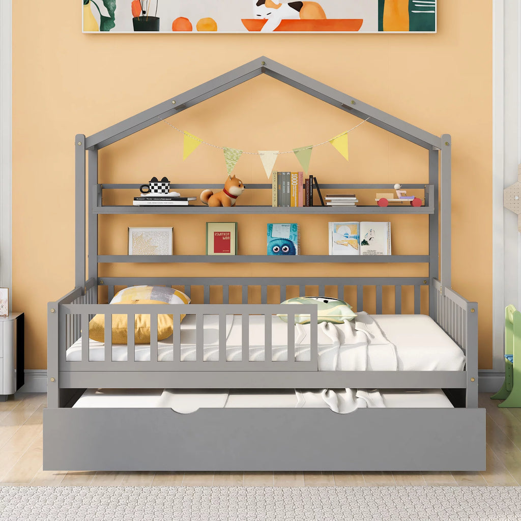 Gray Wood Twin House Bed with Trundle X808