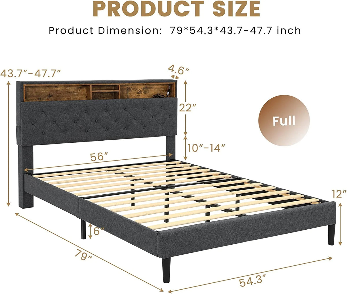 Full Size Platform Bed Frame with LED Headboard, Outlets and USB Ports, Dark Grey B257