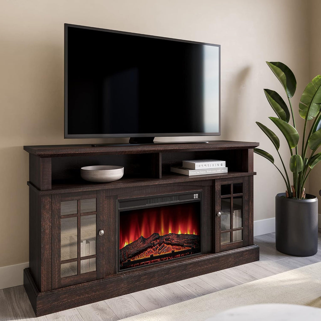 Gray Wash Electric Fireplace TV Stand with Open Storage Shelves and Cabinets S123626