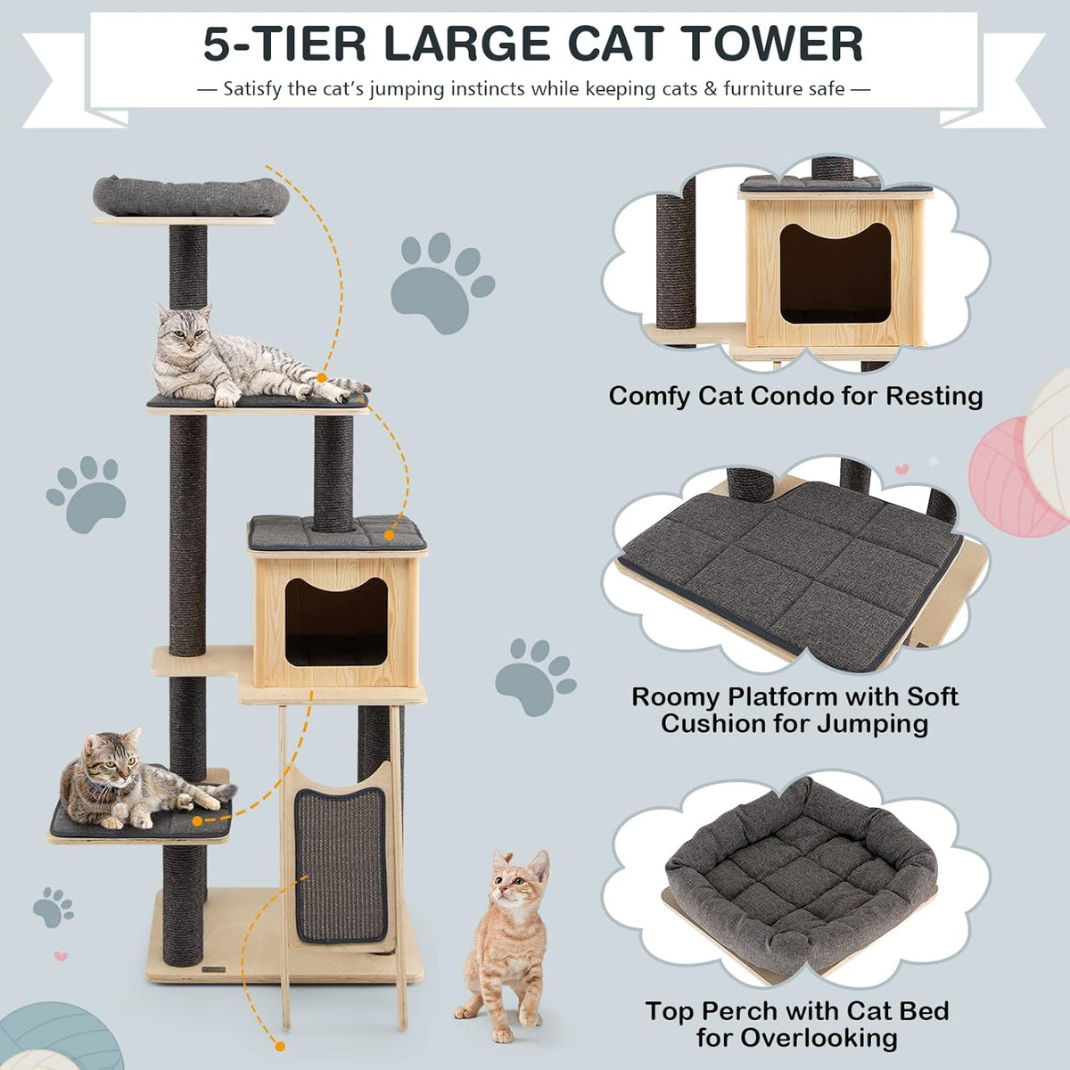 Grey Wooden Cat Tree with Sisal Posts & Scratch Board X122